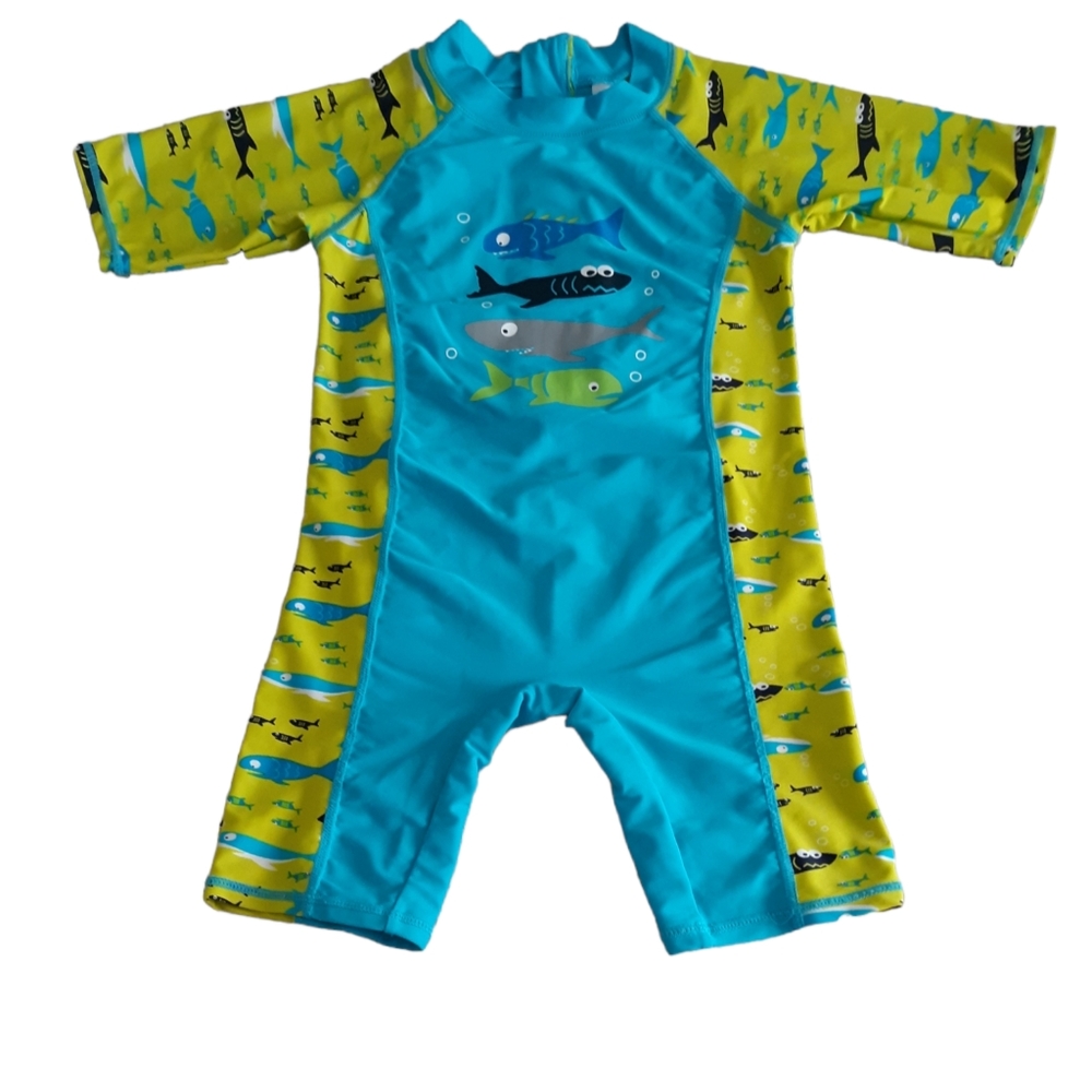116/122 Blue Green Child's One Piece Shark Swimsuit